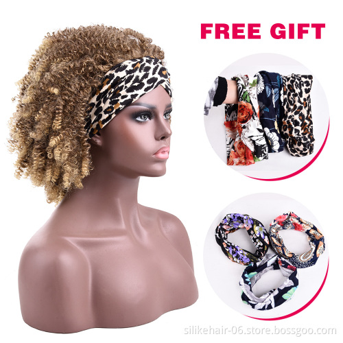 14Inch Cosplay African Wrap Hair Style Chic Afro Kinky Curly Headband Wig With Pre-attached Scarf For Black Women Synthetic Wigs